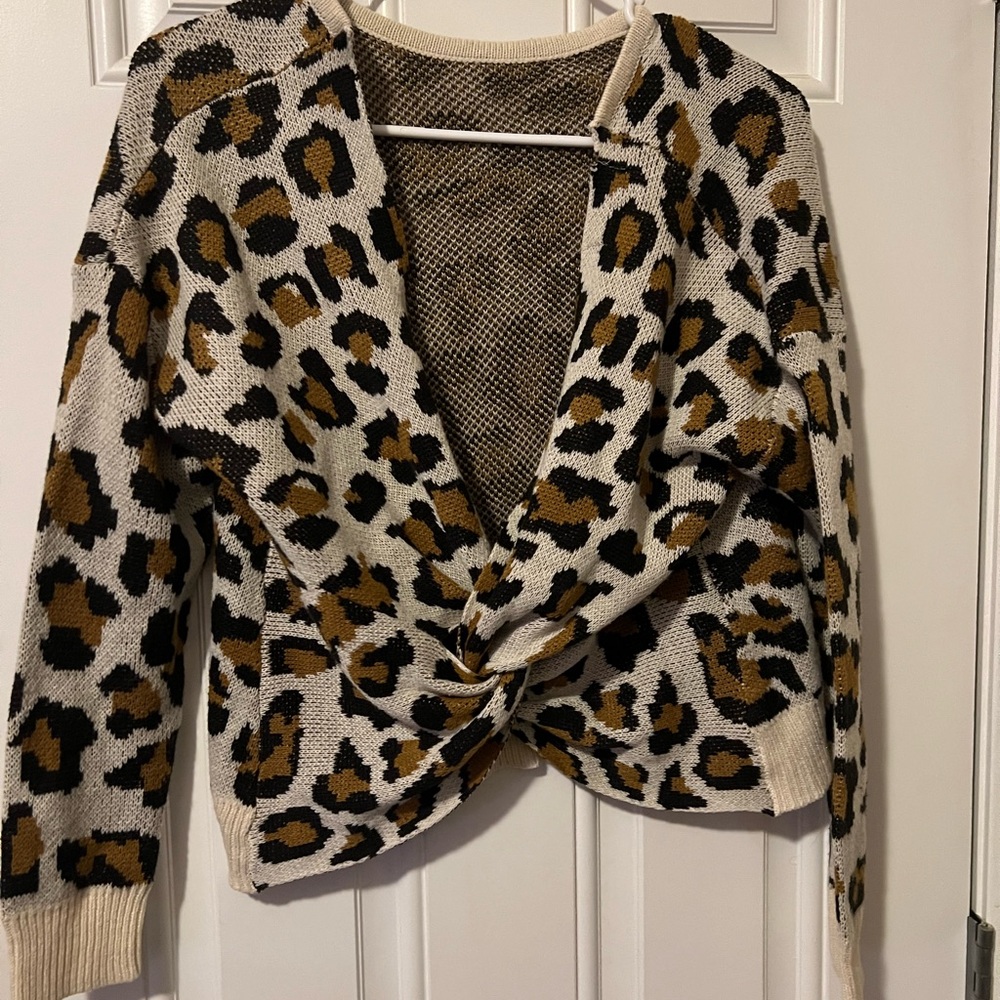 Cream and Brown Animal Print Cardigan Sweater
